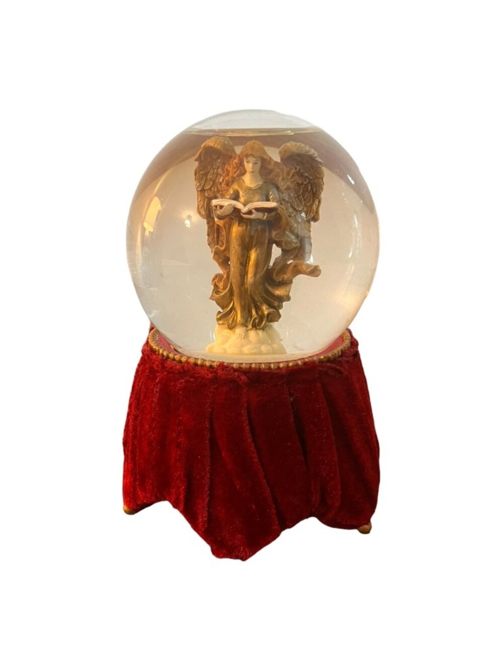 Angel Harp Snow Globe Music Box Gold Base Burgundy Roses Christmas Decor